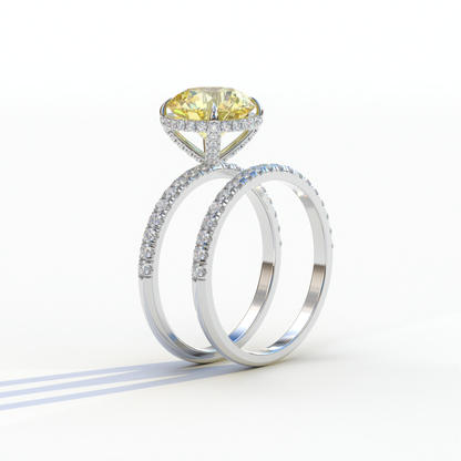 2 Carat Yellow Round Cut Ring Set | Halo & Pave Setting Lab Diamond Ring - Angelina