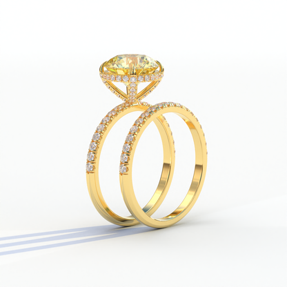 2 Carat Yellow Round Cut Ring Set | Halo & Pave Setting Lab Diamond Ring - Angelina