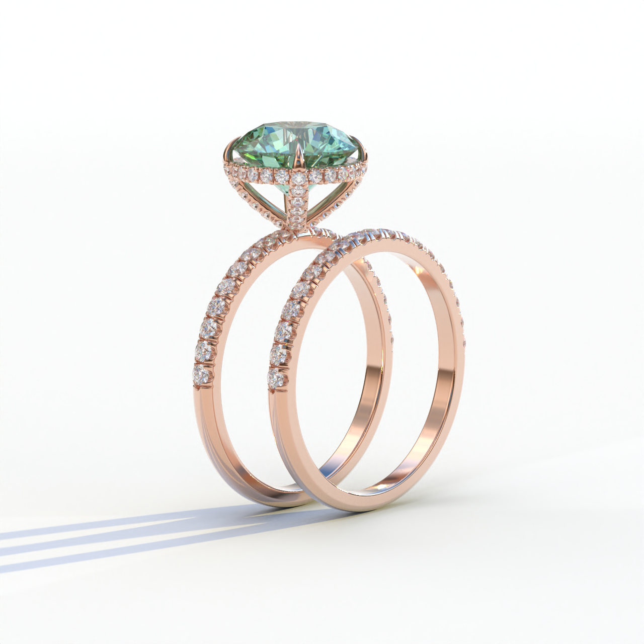 2 Carat Green Round Cut Ring Set | Halo & Pave Setting Lab Diamond Ring - Angelina