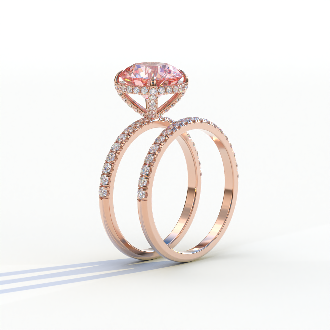 2 Carat Pink Round Cut Ring Set | Halo & Pave Setting Lab Diamond Ring - Angelina