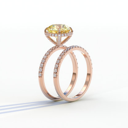 2 Carat Yellow Round Cut Ring Set | Halo & Pave Setting Lab Diamond Ring - Angelina