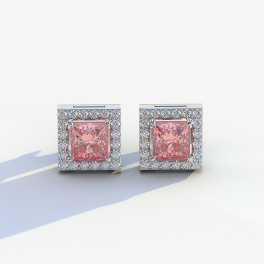 1 Carat Pink Princess Cut Lab Grown Diamond Halo Stud Earrings