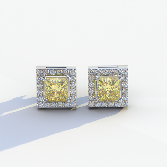 1 Carat Yellow Princess Cut Lab Grown Diamond Halo Stud Earrings