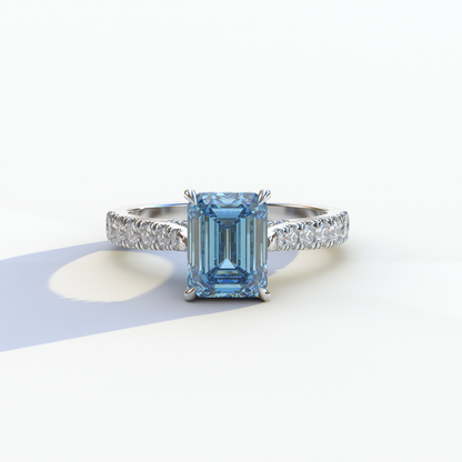 2 Carat Blue Emerald Cut Hidden Halo & Pave Lab Diamond Ring	