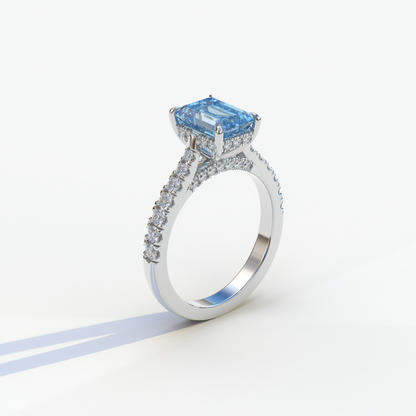 2 Carat Blue Emerald Cut Hidden Halo & Pave Lab Diamond Ring - Siara