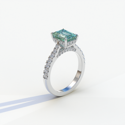 2 Carat Green Emerald Cut Hidden Halo & Pave Lab Diamond Ring - Siara