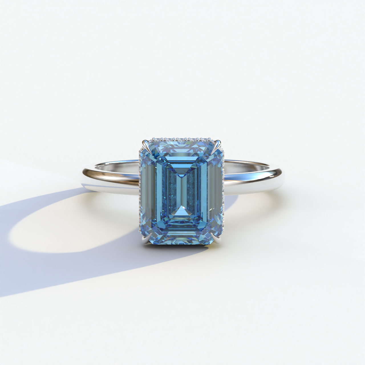 3 Carat Blue Emerald Cut Hidden Halo & Claw Setting Lab Grown Diamond Ring - Campanula