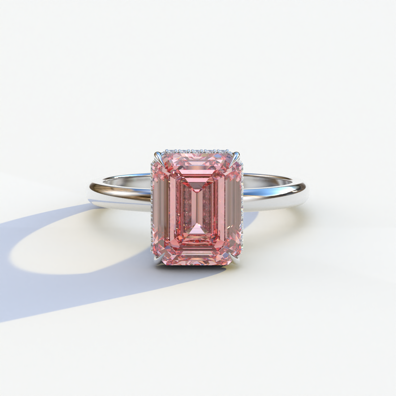 3 Carat Pink Emerald Cut Hidden Halo & Claw Setting Lab Grown Diamond Ring	