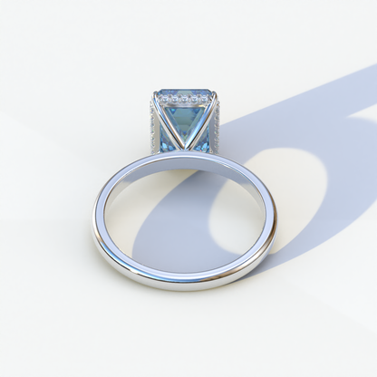 3 Carat Blue Emerald Cut Hidden Halo & Claw Setting Lab Grown Diamond Ring - Campanula