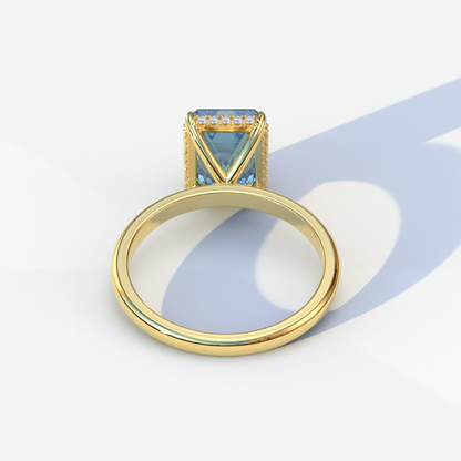 3 Carat Blue Emerald Cut Hidden Halo & Claw Setting Lab Grown Diamond Ring - Campanula