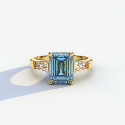 3 Carat Blue Emerald & Baguette Cut Multi Stone Lab Diamond Ring - Crisantemo