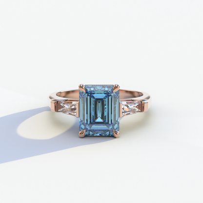 3 Carat Blue Emerald & Baguette Cut Multi Stone Lab Diamond Ring - Crisantemo