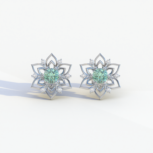 Daffodil - Green Color Round Cut Diamond Earrings| Beautiful Claw Prong Setting | Certified