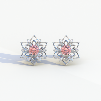 Daffodil - Pink Color Round Cut Diamond Earrings| Beautiful Claw Prong Setting | Certified