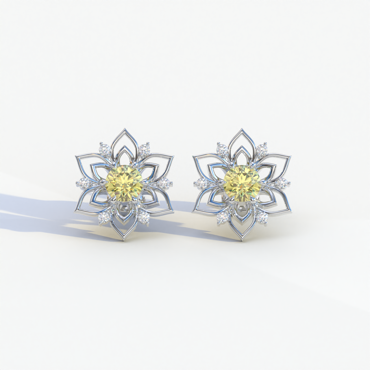 Daffodil - Yellow Color Round Cut Diamond Earrings| Beautiful Claw Prong Setting | Certified