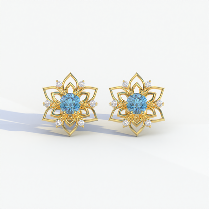 Daffodil - Blue Color Round Cut Diamond Earrings| Beautiful Claw Prong Setting | Certified