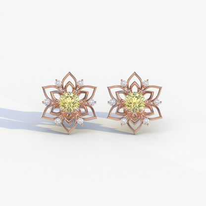 Daffodil - Yellow Color Round Cut Diamond Earrings| Beautiful Claw Prong Setting | Certified