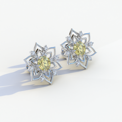 Daffodil - Yellow Color Round Cut Diamond Earrings| Beautiful Claw Prong Setting | Certified