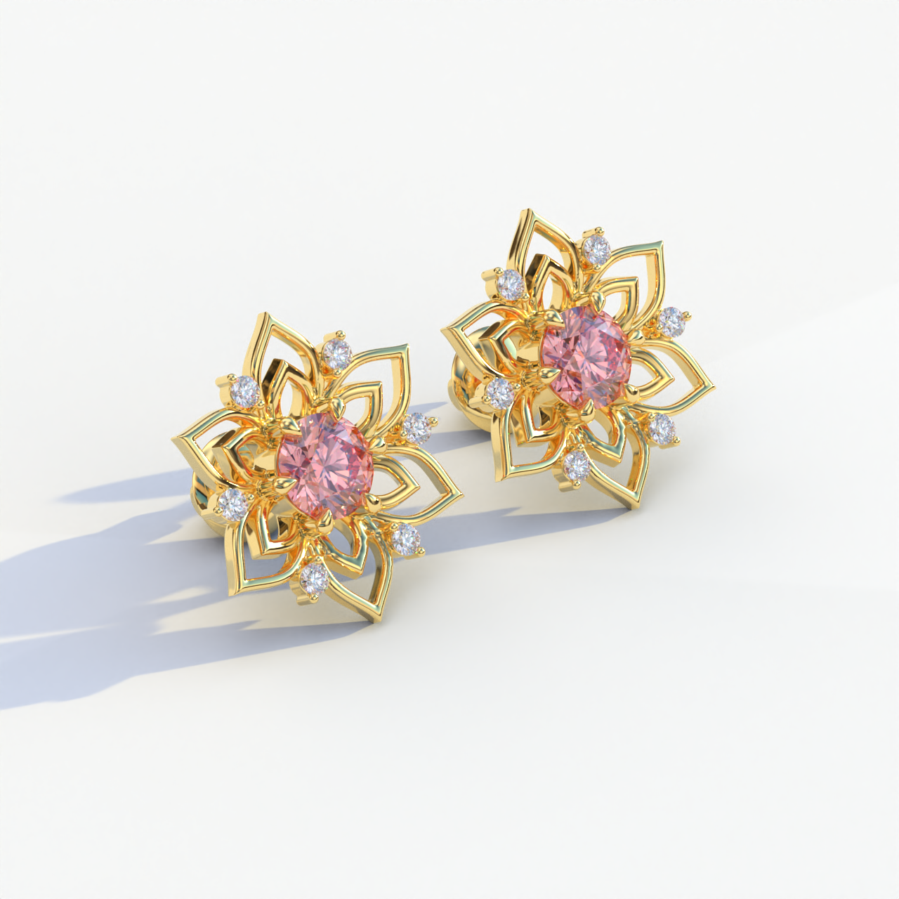 Daffodil - Pink Color Round Cut Diamond Earrings| Beautiful Claw Prong Setting | Certified