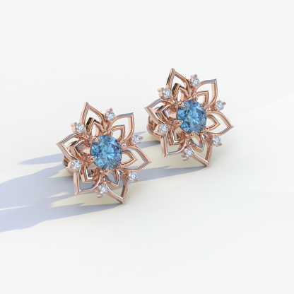 Daffodil - Blue Color Round Cut Diamond Earrings| Beautiful Claw Prong Setting | Certified