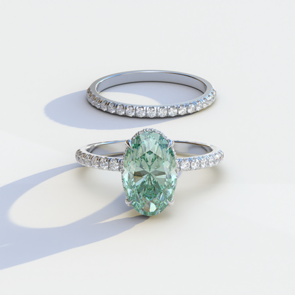 2 Carat Green Oval Cut Hidden Halo & Pave Diamond Ring Set	