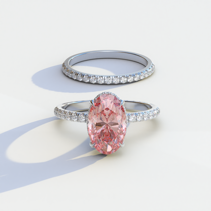 2 Carat Pink Oval Cut Hidden Halo & Pave Diamond Ring Set	