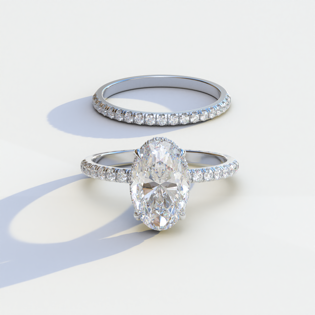 E VVS 2 Carat Oval Cut Hidden Halo & Pave Diamond Ring Set	