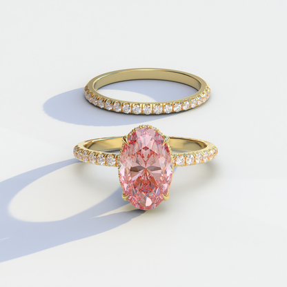 2 Carat Pink Oval Cut Hidden Halo & Pave Diamond Ring Set - Olivia