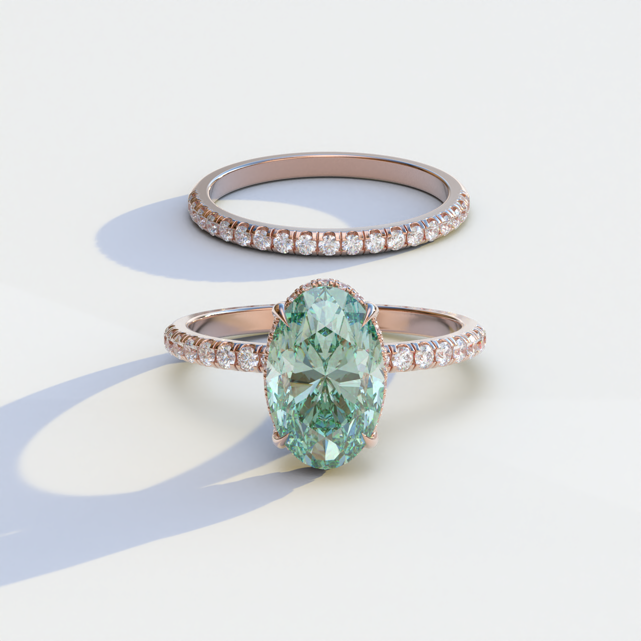 2 Carat Green Oval Cut Hidden Halo & Pave Diamond Ring Set - Olivia