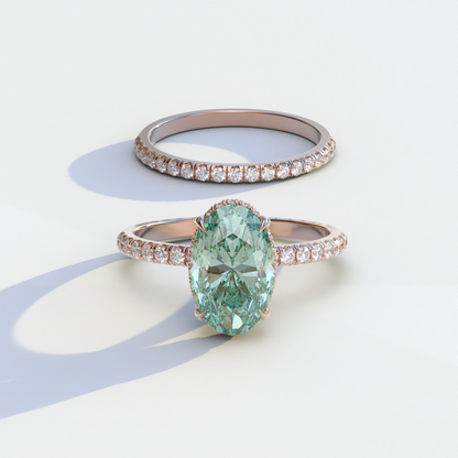 2 Carat Green Oval Cut Hidden Halo & Pave Diamond Ring Set - Olivia