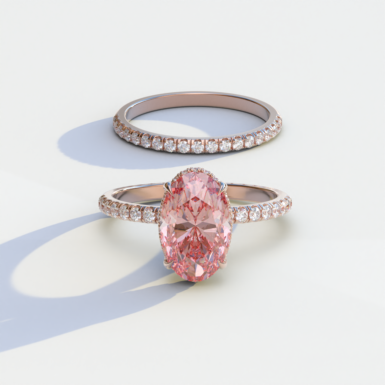 2 Carat Pink Oval Cut Hidden Halo & Pave Diamond Ring Set - Olivia