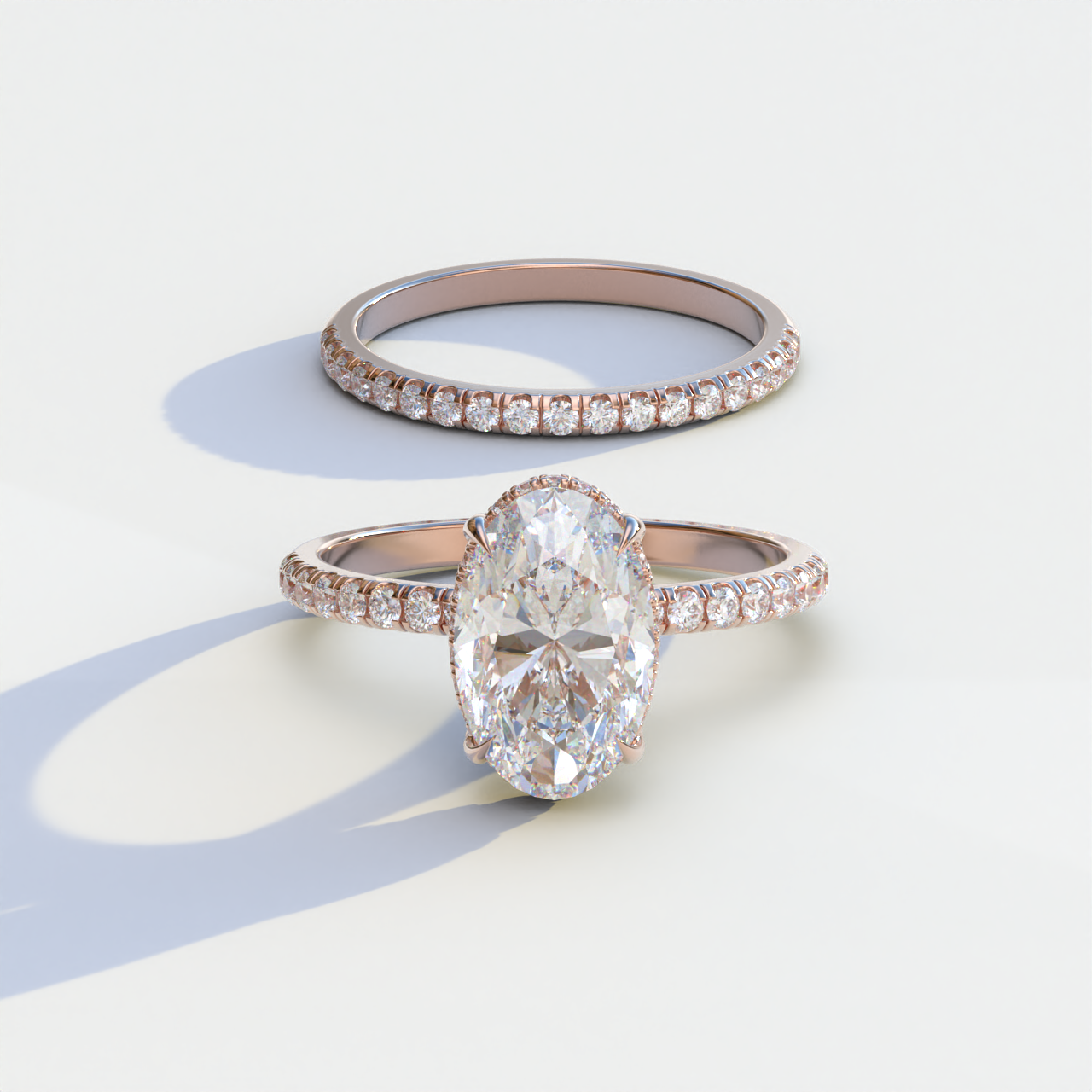 E VVS 2 Carat Oval Cut Hidden Halo & Pave Diamond Ring Set - Olivia