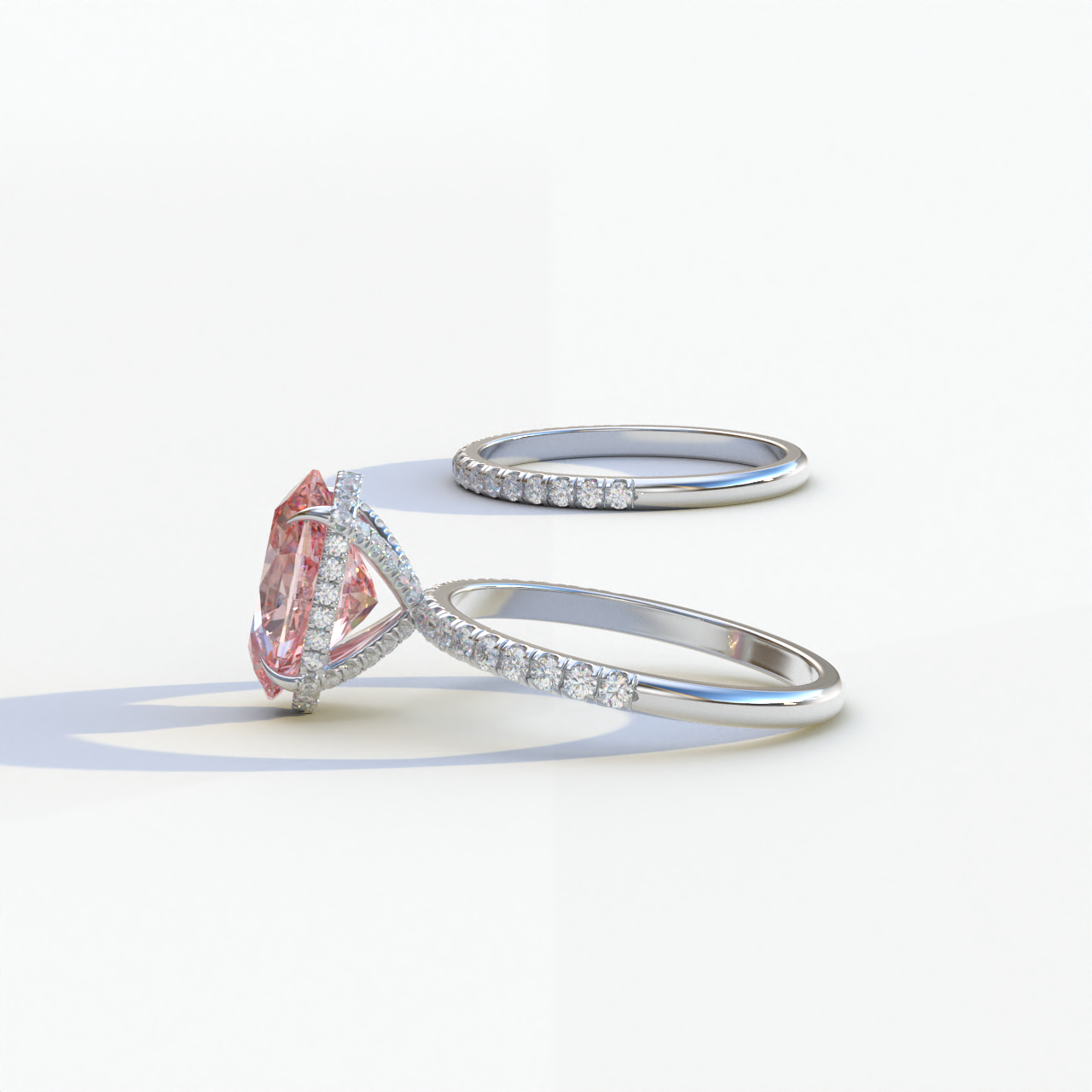 2 Carat Pink Oval Cut Hidden Halo & Pave Diamond Ring Set - Olivia