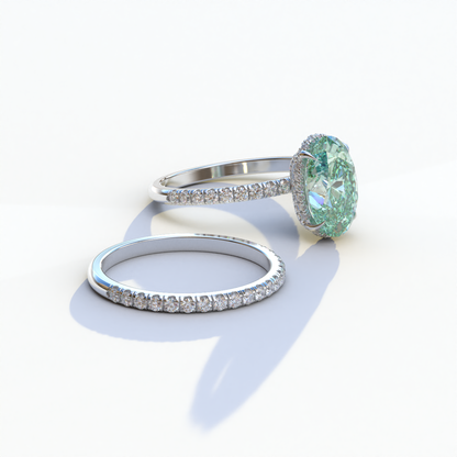 2 Carat Green Oval Cut Hidden Halo & Pave Diamond Ring Set - Olivia