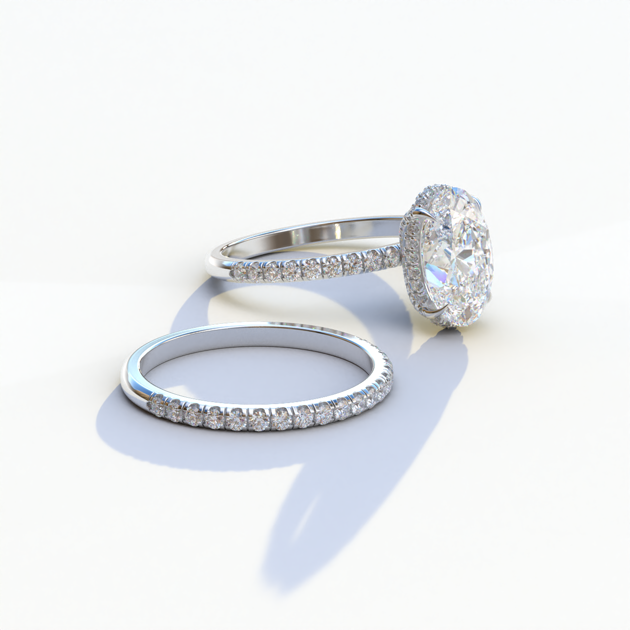 E VVS 2 Carat Oval Cut Hidden Halo & Pave Diamond Ring Set - Olivia