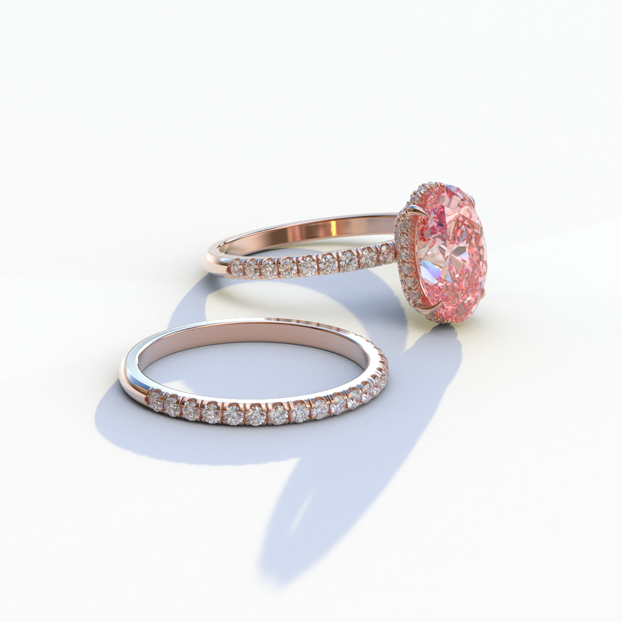 2 Carat Pink Oval Cut Hidden Halo & Pave Diamond Ring Set - Olivia