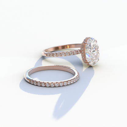 E VVS 2 Carat Oval Cut Hidden Halo & Pave Diamond Ring Set - Olivia