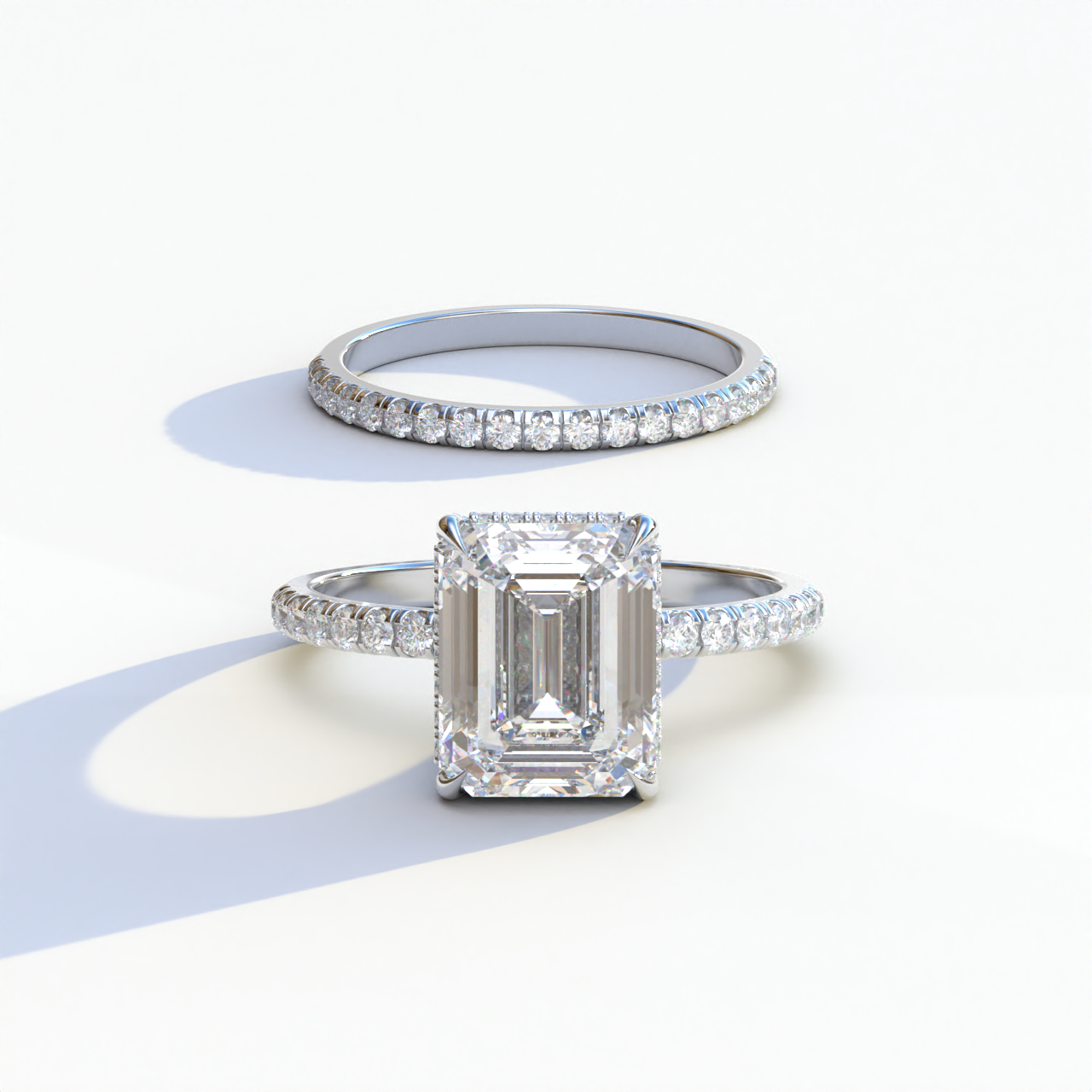 E VVS 3 Carat Emerald Cut Hidden Halo & Pave Diamond Ring Set	