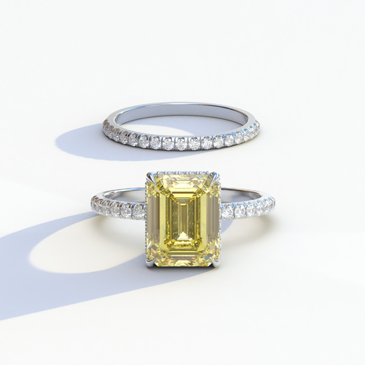 3 Carat Yellow Emerald Cut Hidden Halo & Pave Diamond Ring Set	