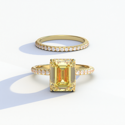 3 Carat Yellow Emerald Cut Hidden Halo & Pave Diamond Ring Set - Lilac