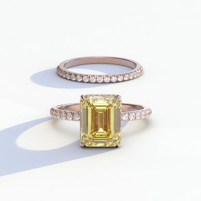 3 Carat Yellow Emerald Cut Hidden Halo & Pave Diamond Ring Set - Lilac