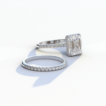 E VVS 3 Carat Emerald Cut Hidden Halo & Pave Diamond Ring Set - Lilac