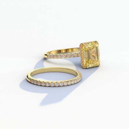 3 Carat Yellow Emerald Cut Hidden Halo & Pave Diamond Ring Set - Lilac