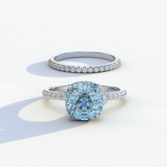 3 Carat Blue Cushion Cut Hidden Halo & Pave Diamond Ring Set	