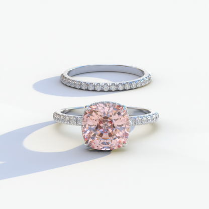 3 Carat Pink Cushion Cut Hidden Halo & Pave Diamond Ring Set	