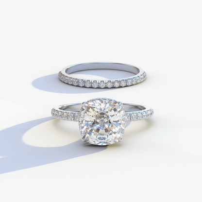 3 Carat E VVS Cushion Cut Hidden Halo & Pave Diamond Ring Set	