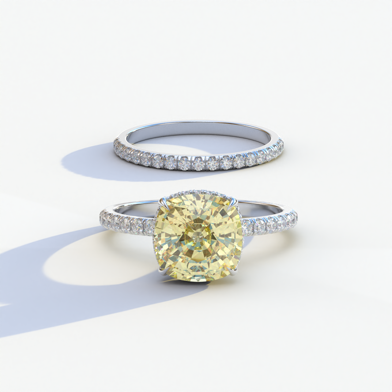 3 Carat Yellow Cushion Cut Hidden Halo & Pave Diamond Ring Set	