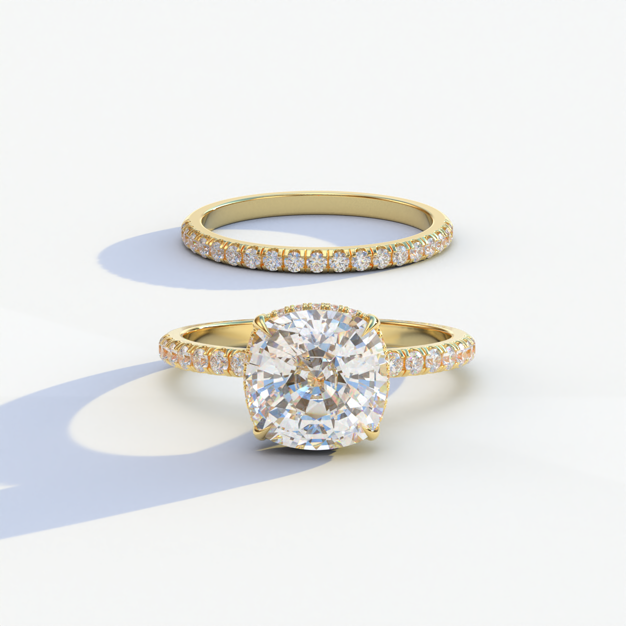 2 Carat E VVS Cushion Cut Hidden Halo & Pave Diamond Ring Set - Rebecca