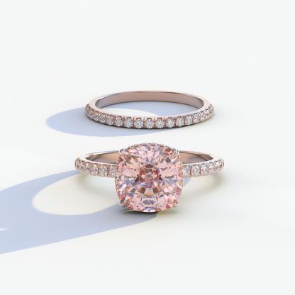 2 Carat Pink Cushion Cut Hidden Halo & Pave Diamond Ring Set - Rebecca