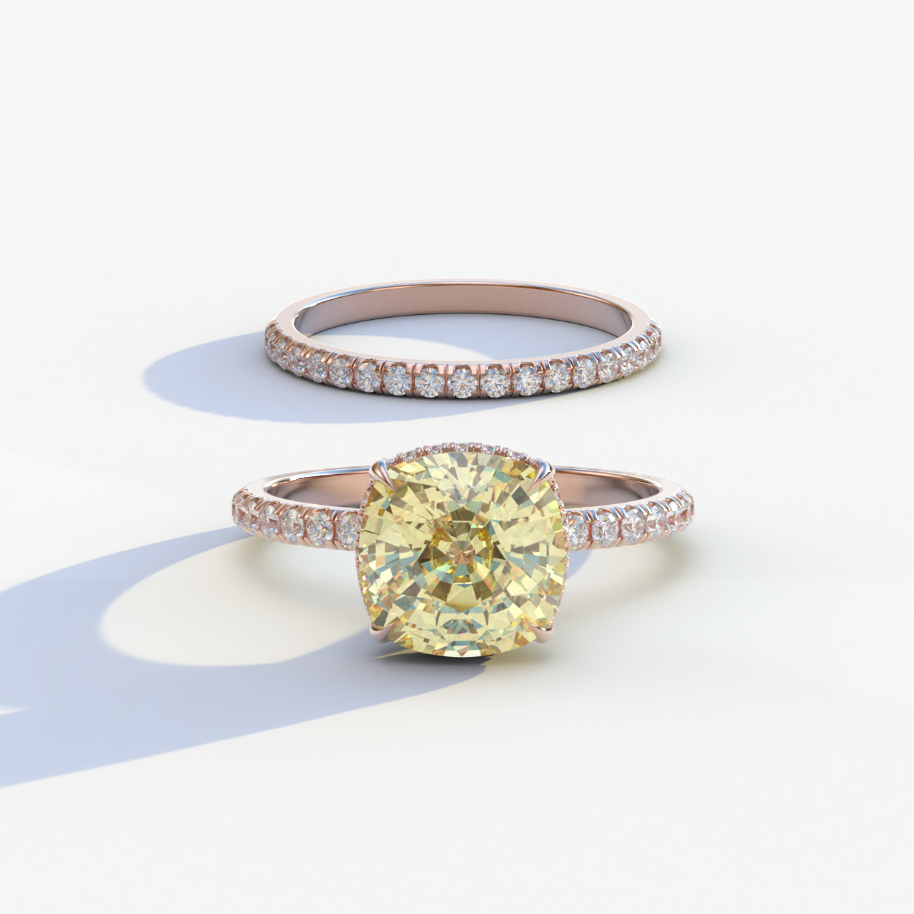 2 Carat Yellow Cushion Cut Hidden Halo & Pave Diamond Ring Set - Rebecca